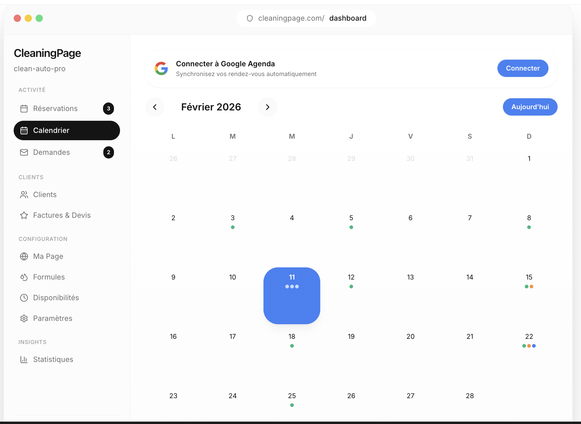 CleaningPage calendar view — cleaning job schedule