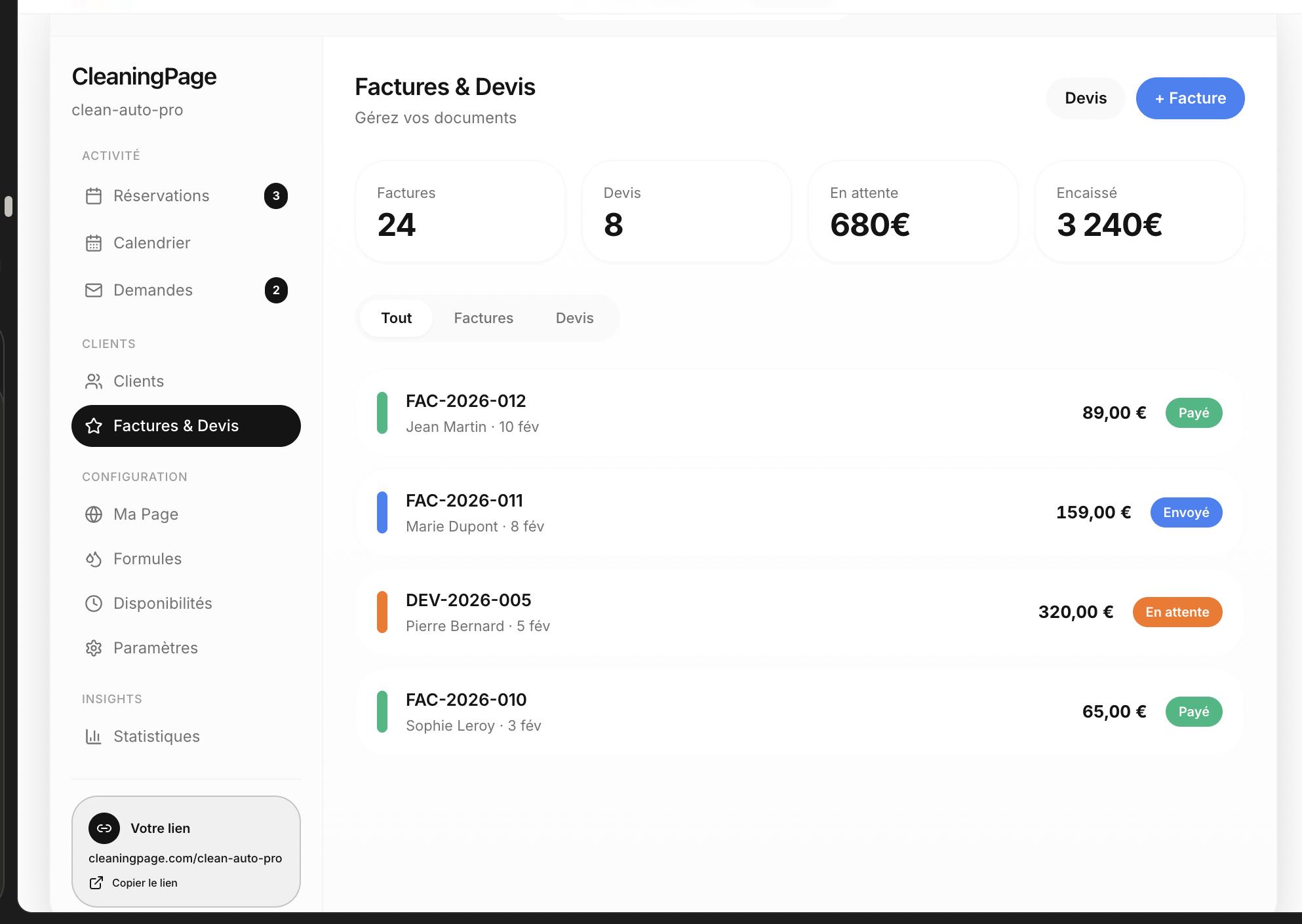 CleaningPage invoicing view — automatic billing