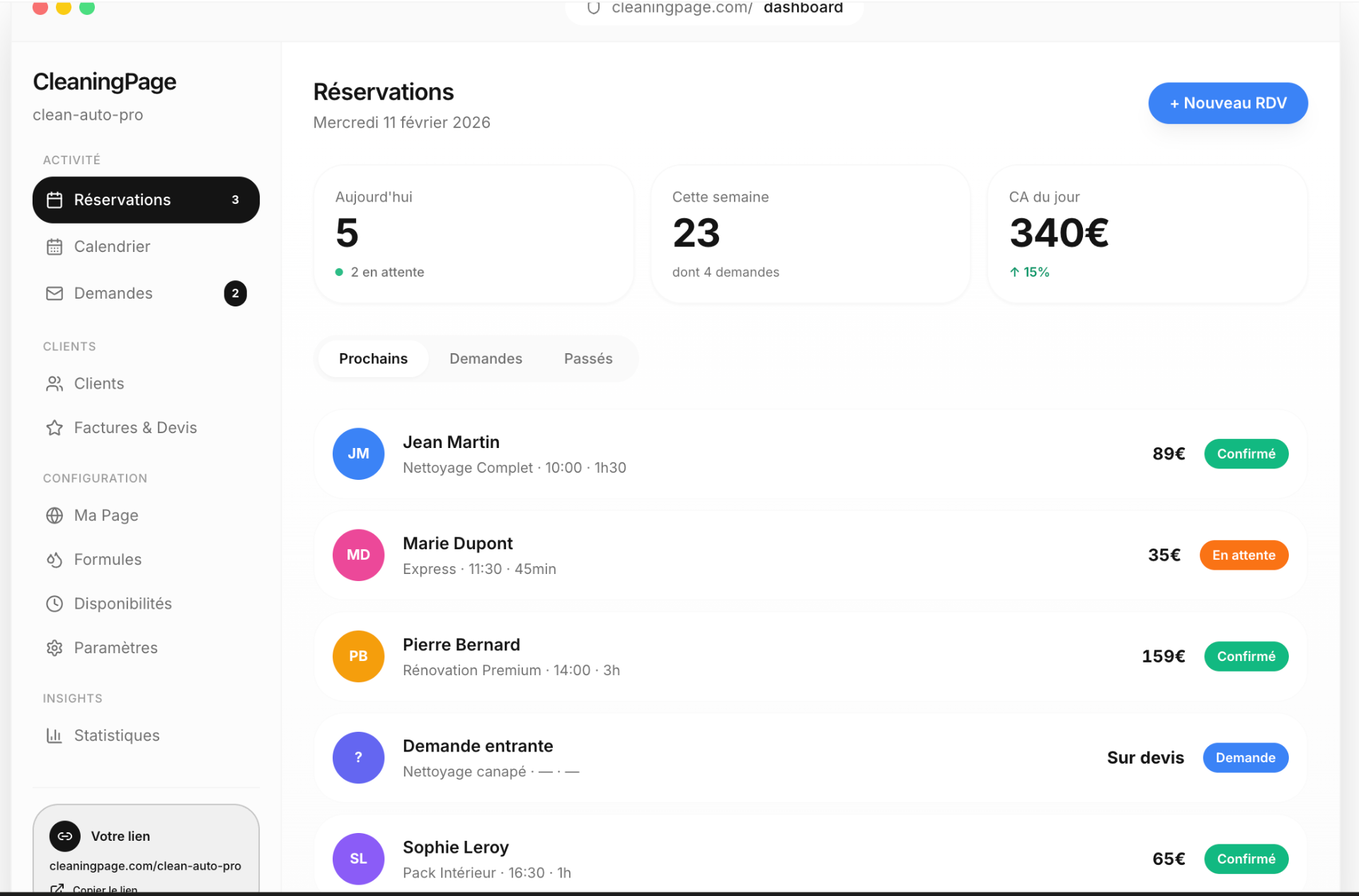 CleaningPage clients view — record management